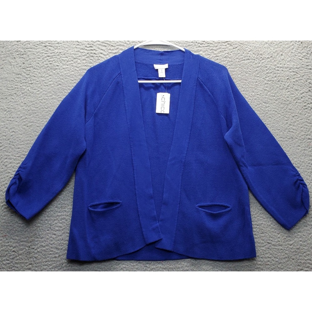 Chico's Cardigan Sweater Womens Medium Blue Knit Ruched Long Sleeve Open Front